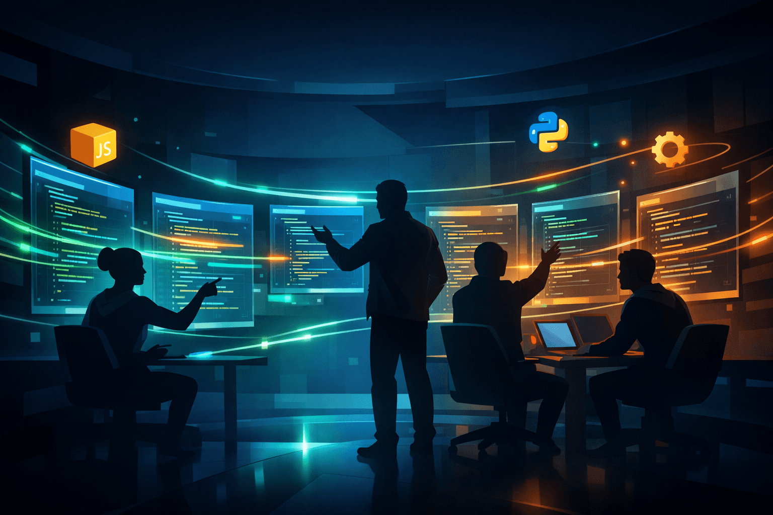 Stylized illustration of developers collaborating across interconnected code terminals and shared project windows