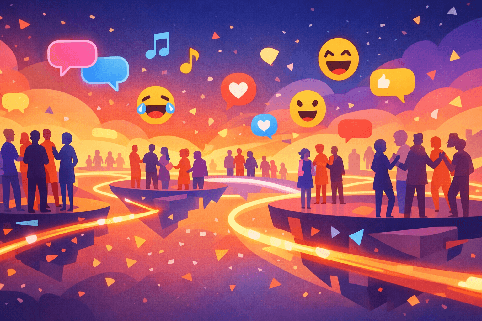 Vibrant illustration of diverse people connecting and socializing across floating conversation bubbles in a lively digital space