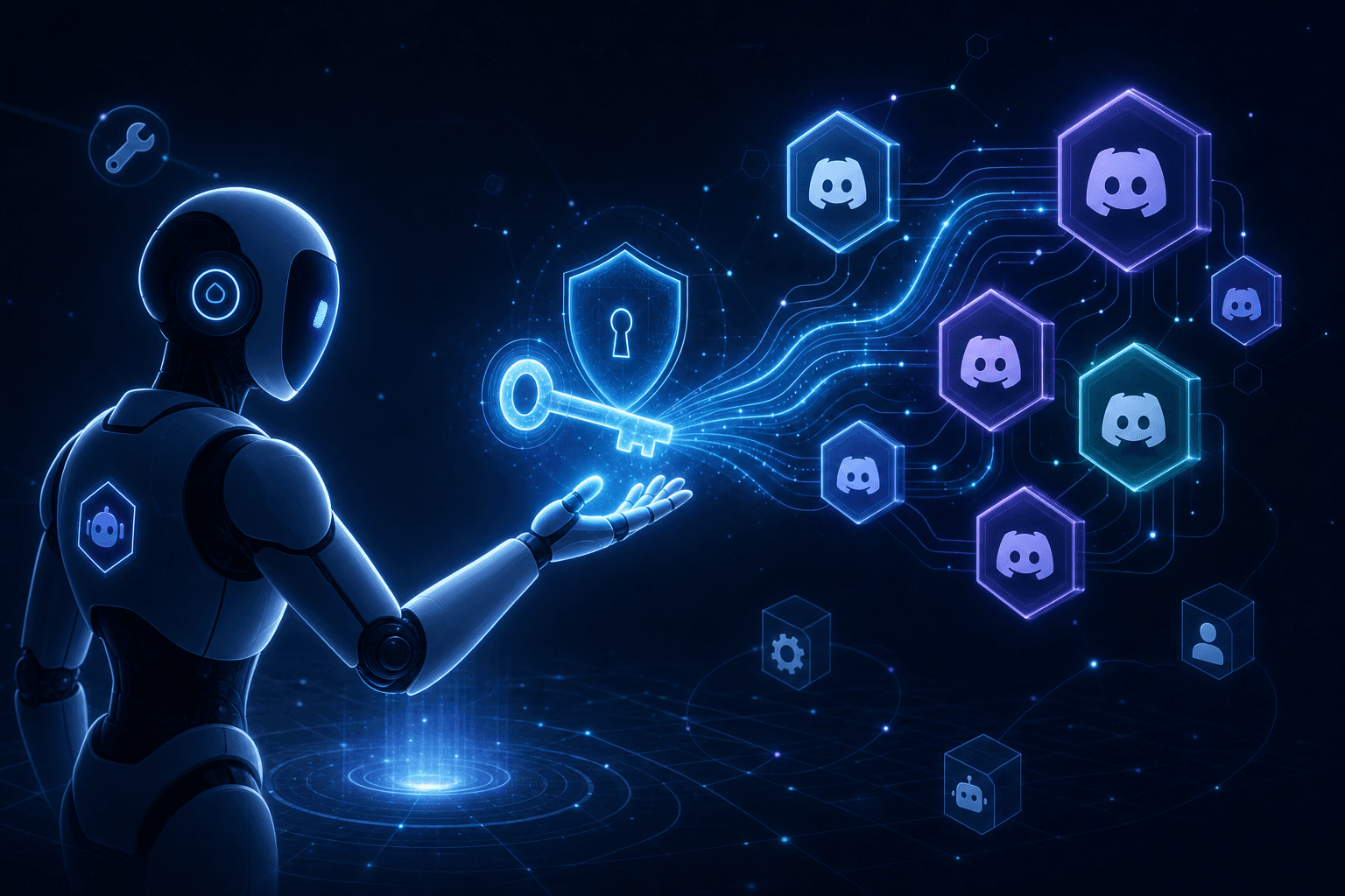 A robot handing a key to a network of Discord servers
